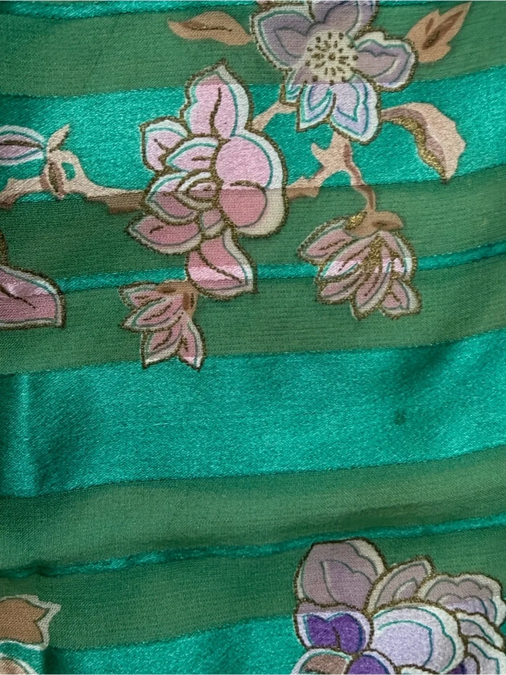 Oscar de la Renta Green Floral Silk Scarf with Pink and Purple Blooms